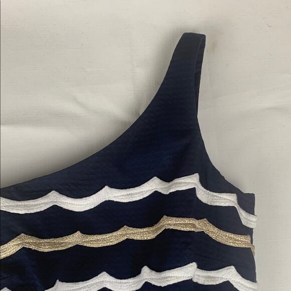 Lilly Pulitzer size 4 small one shoulder blue gold Dress stripe sirens guest - Picture 4 of 15